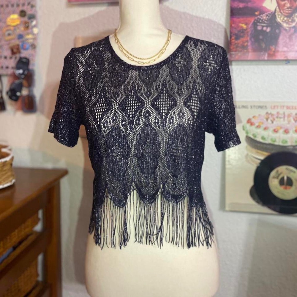 Vintage Sharade Crop Blouse with Fringe and lace design